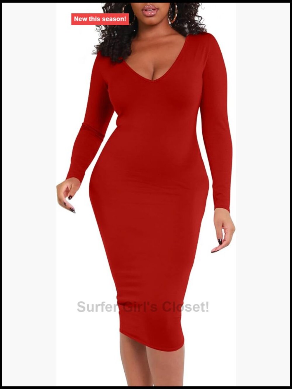 Women's V Neck Long Sleeve Bodycon Midi Pencil Dress